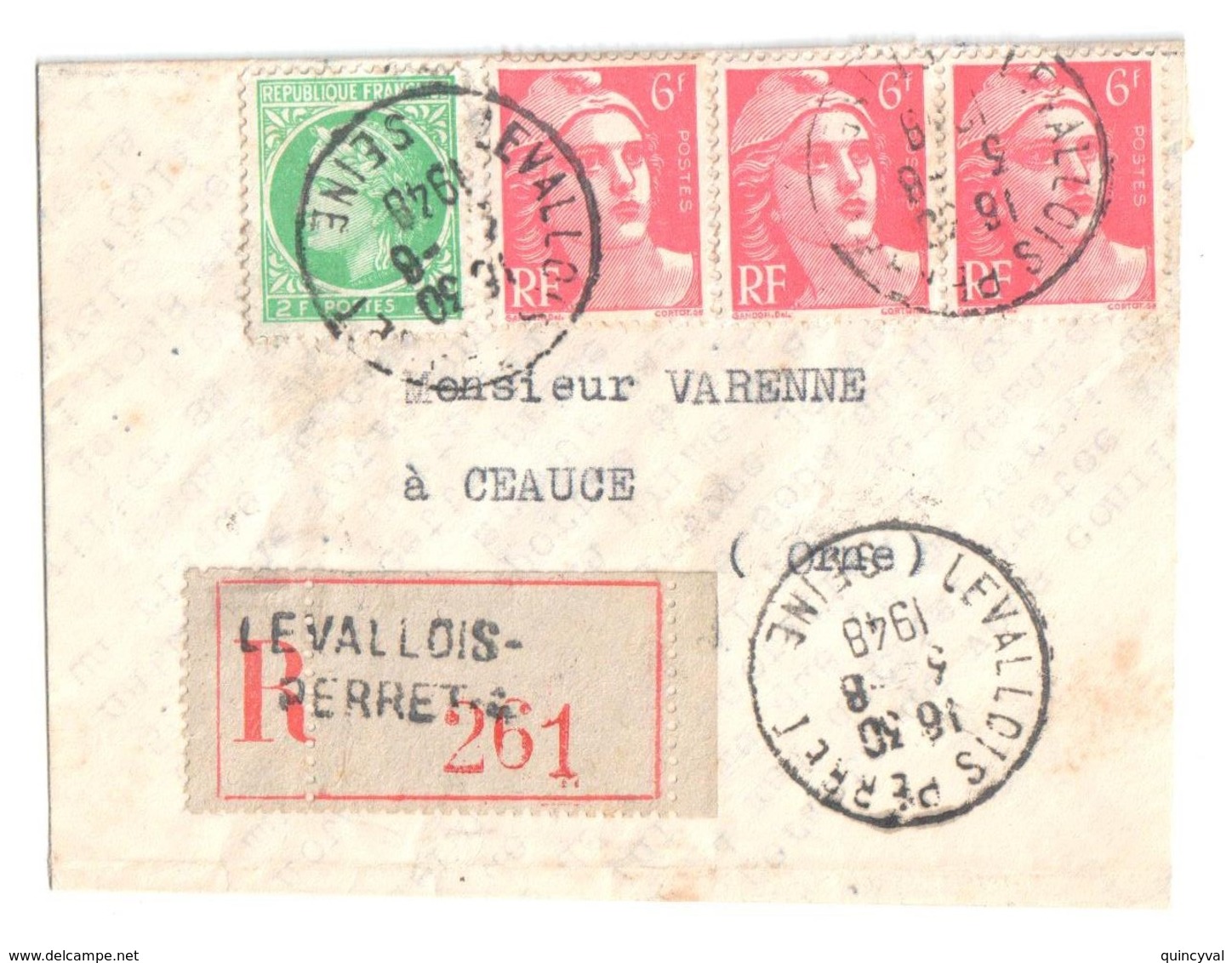 LEVALLOIS PERRET Lettre Recommandée Ob 3 8 1948 Dest Ceauce Orne 6 F Gandon 2F Mazelin Yv 721A 680 - Covers & Documents