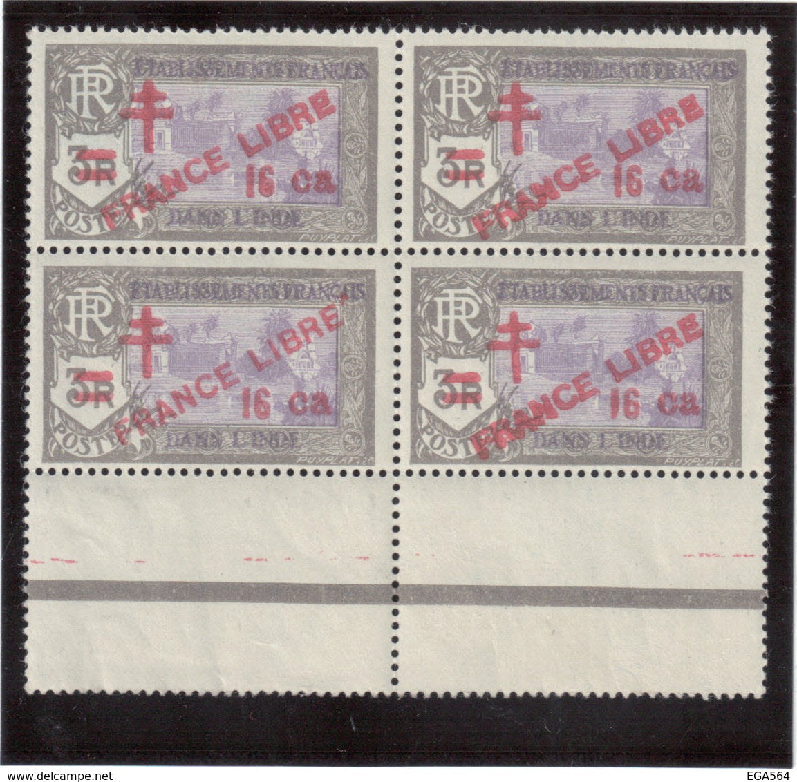 V9 - Indes Françaises - 209 ** MNH De 1943 - Surcharge FRANCE LIBRE - Bloc De 4 Bas De Feuille. - Unused Stamps