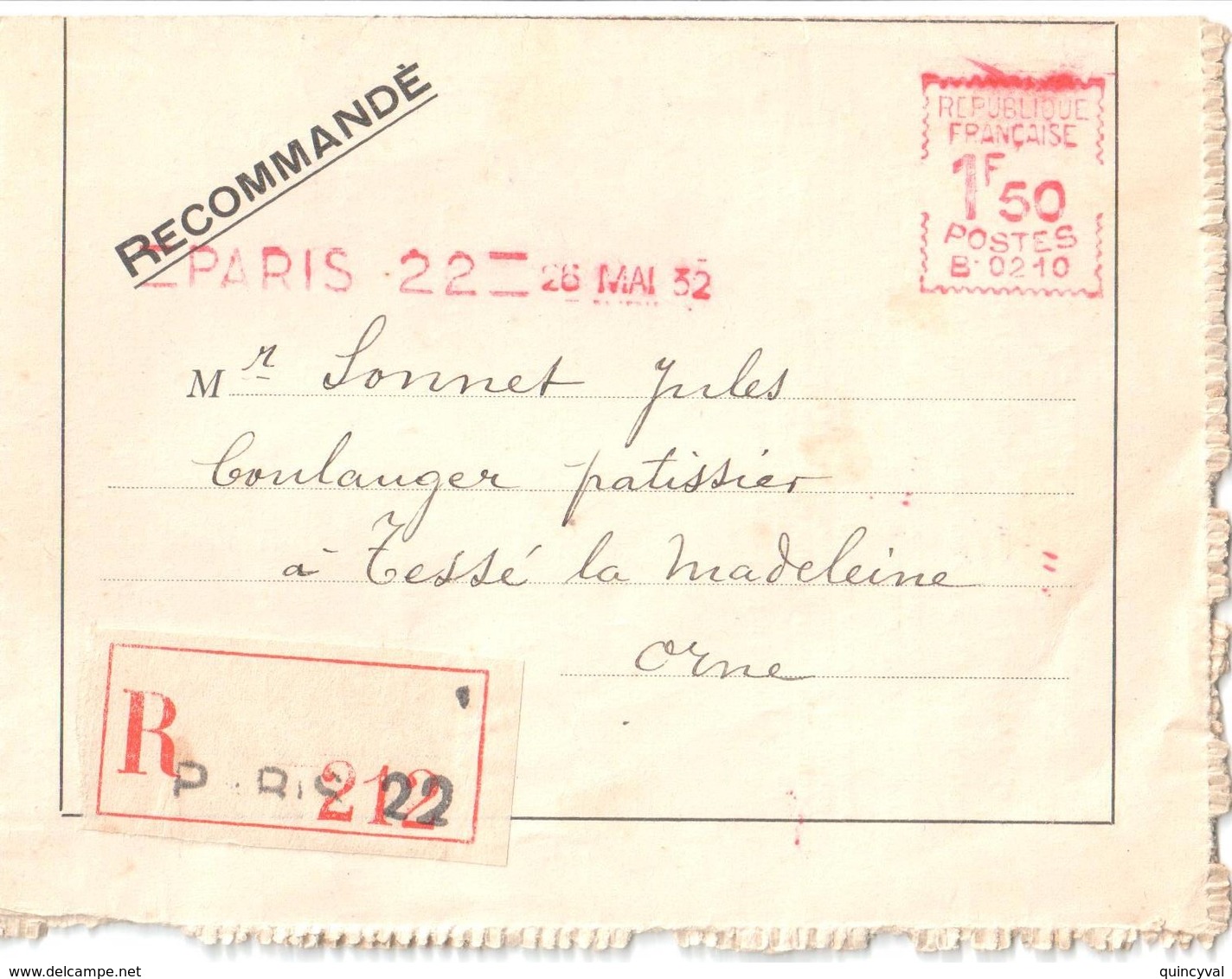 PARIS 22 Lettre Recommandée EMA B 0210 Etiquette Tarif 1,50 F Ob 26 5 1932 Dest Tessé La Madelaine - EMA ( Maquina De Huellas A Franquear)