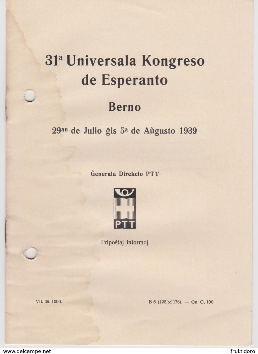 Esperanto 31st World Conference 1939 Bern - Postal Information - Universala Kongreso De Esperanto - Historische Documenten