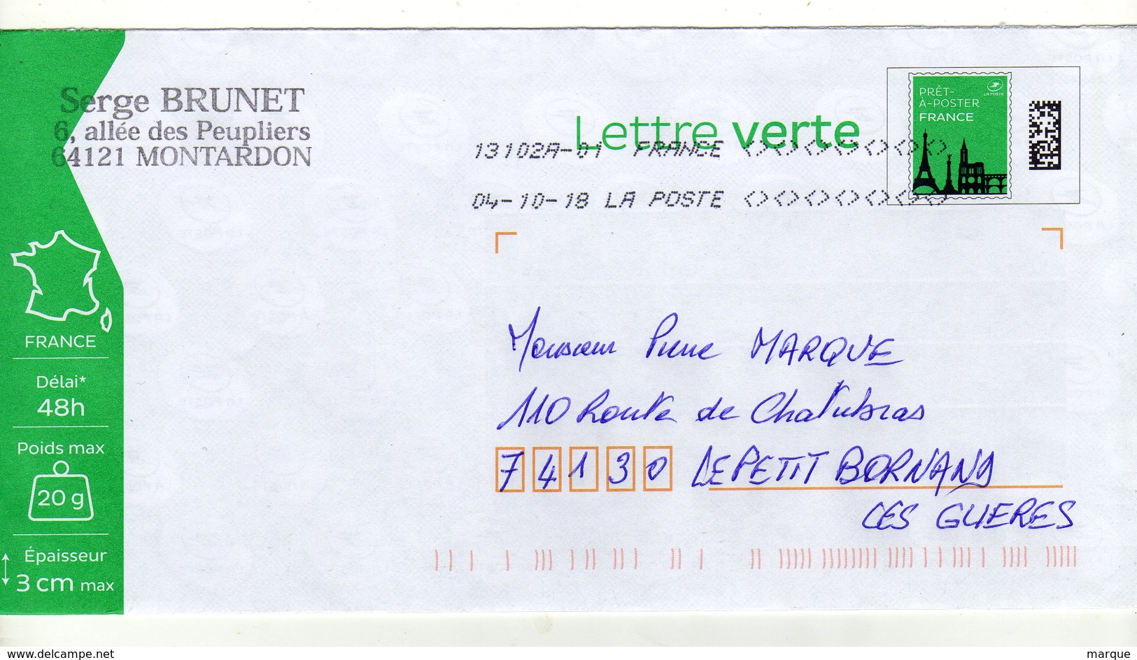 Enveloppe FRANCE Prêt à Poster Lettre Verte Oblitération LA POSTE 13102A-01 04/10/2018 - Prêts-à-poster:  Autres (1995-...)