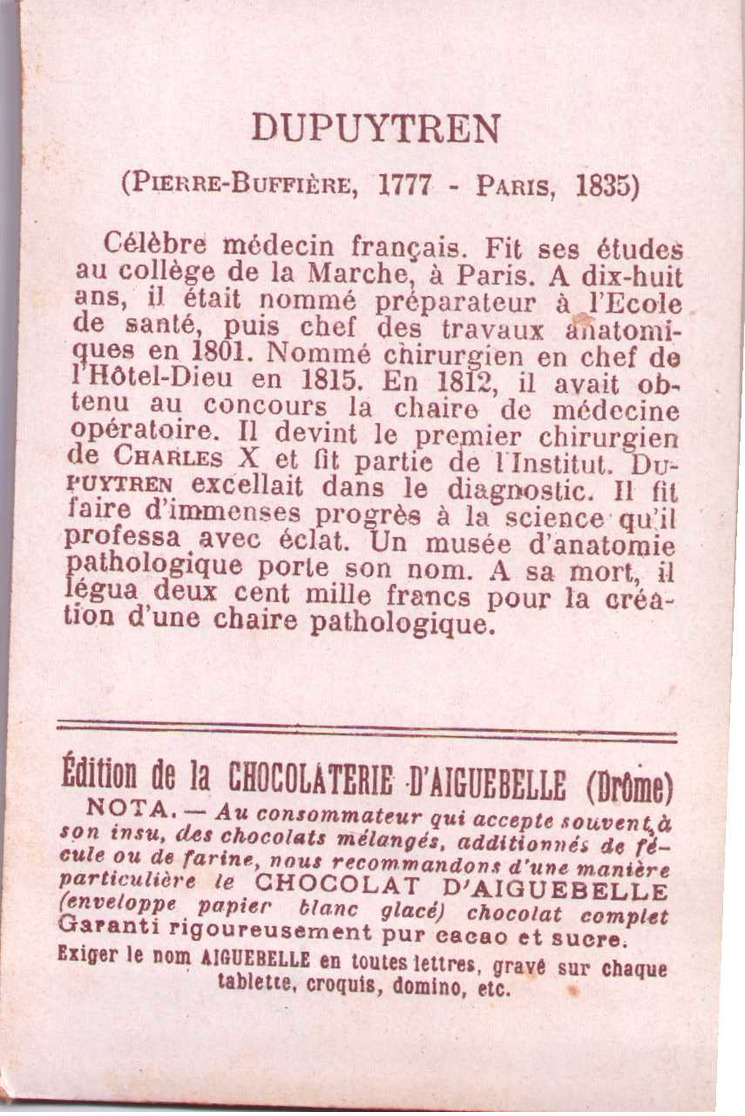 Chromo Chocolaterie D'AIGUEBELLE - DUPUYTREN Et Ses élèves + Signature De L'intéressé -  Scans Recto-verso - Aiguebelle