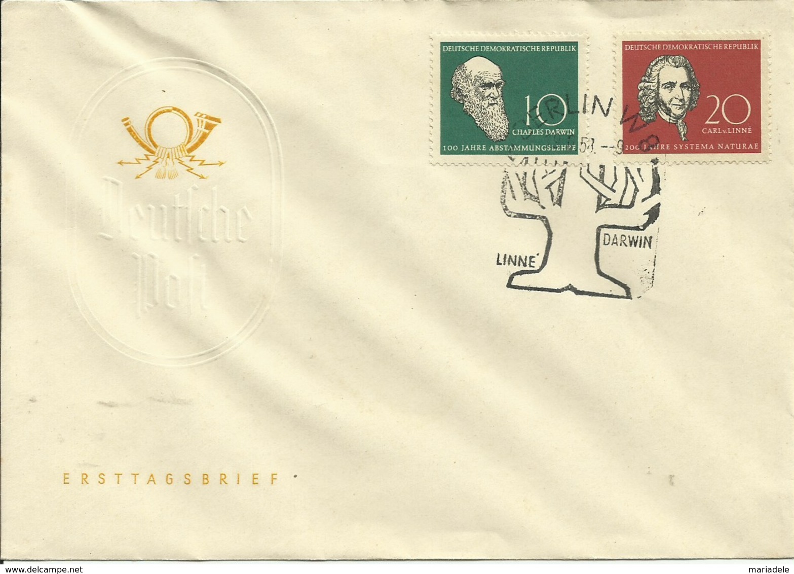 Germania Rep. Democratica 1958, Omaggio Agli Scienziati Darwin E Linné (o), FDC - Other & Unclassified