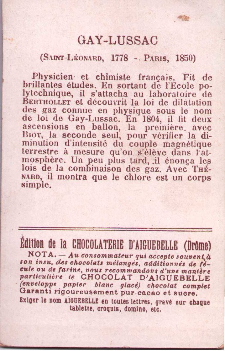 Chromo Chocolaterie D'AIGUEBELLE - GAY-LUSSAC + Signature De L'intéressé -  Scans Recto-verso - Aiguebelle