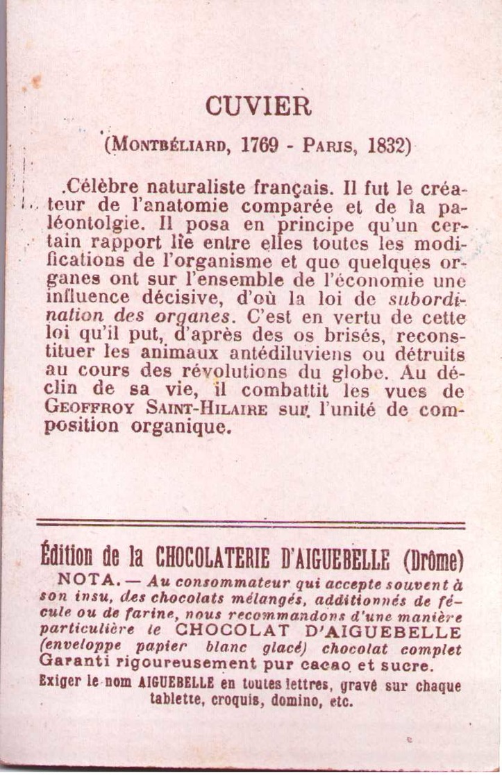 Chromo Chocolaterie D'AIGUEBELLE - CUVIER Paléontologie Comparée  + Signature De L'intéressée -  Scans Recto-verso - Aiguebelle