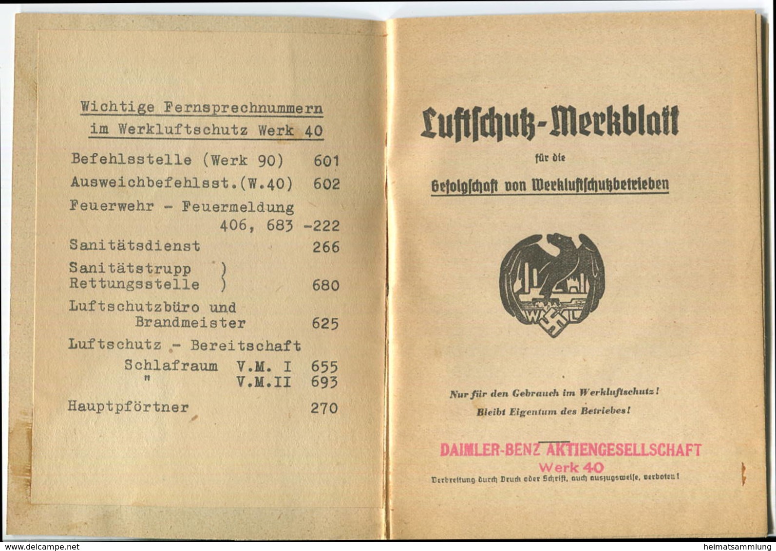 Luftschutz-Merkblatt Für Die Gefolgschaft Von Werkluftschutzbetrieben - 24 Seiten -  Nur Für Den Gebrauch Im Werkluftsch - Police & Militaire