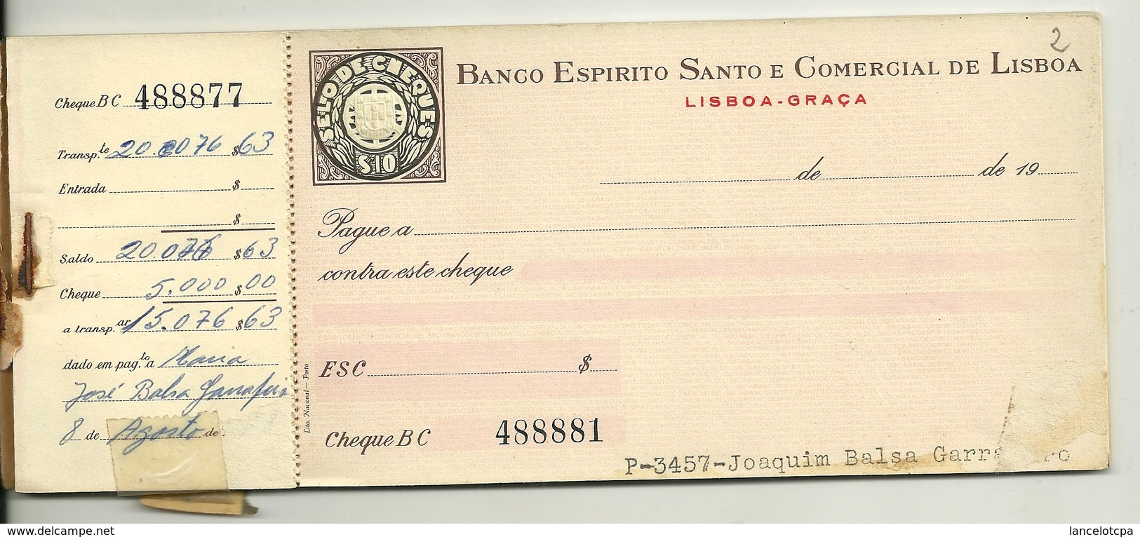 CHEQUIER BANCO ESPIRITO SANTO E COMERCIAL De LISBOA - JOAQUIM BALSA GARRAFEIRO - 1968 - Cheques En Traveller's Cheques