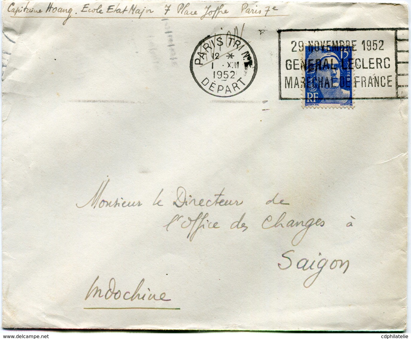 FRANCE LETTRE DEPART PARIS TRI 1 XII 1952 DEPART POUR LE VIETNAM - 1945-54 Marianne De Gandon