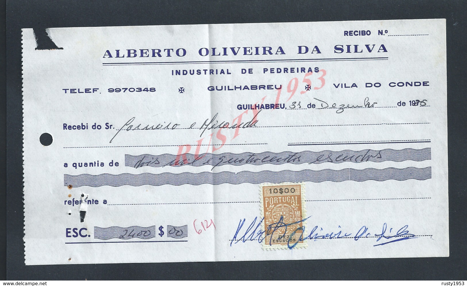 DOCUMENT COMMERCIAL 1975 DE ALBERTO OLIVEIRA INDUSTRIE DE PIERRE A GUILHABREU  SUR TIMBRE FISCAUX DU PORTUGAL : - Covers & Documents