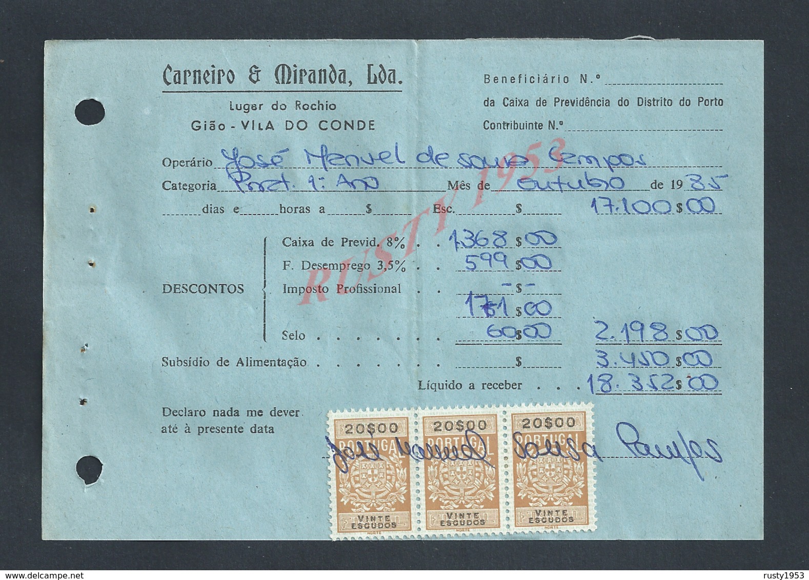 DOCUMENT COMMERCIAL 1985 DE CARNEIRO & MIRANDA GIAO VILA DO CONDE SUR TIMBRES FISCAUX DU PORTUGAL : - Lettres & Documents