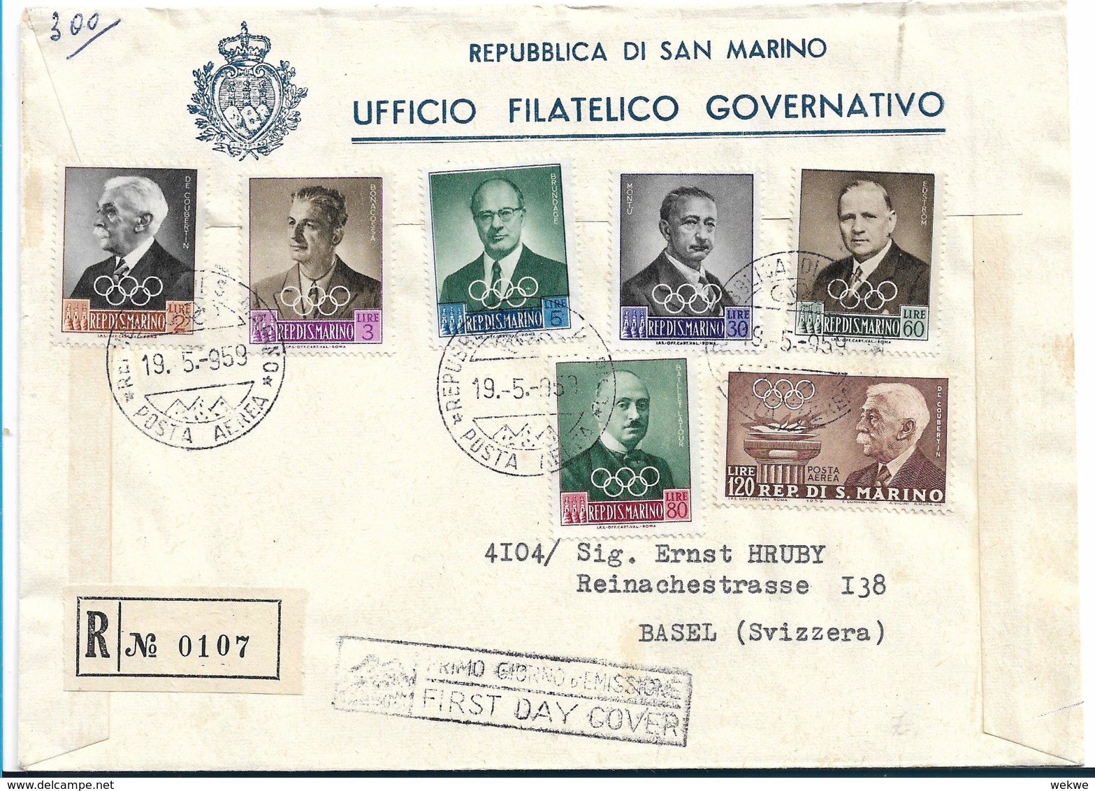 Oy188 / Brief San Marino, Olympisches  Komitee Auf FDC, Per Einschreiben Nach Basel (Schweiz) - Briefe U. Dokumente