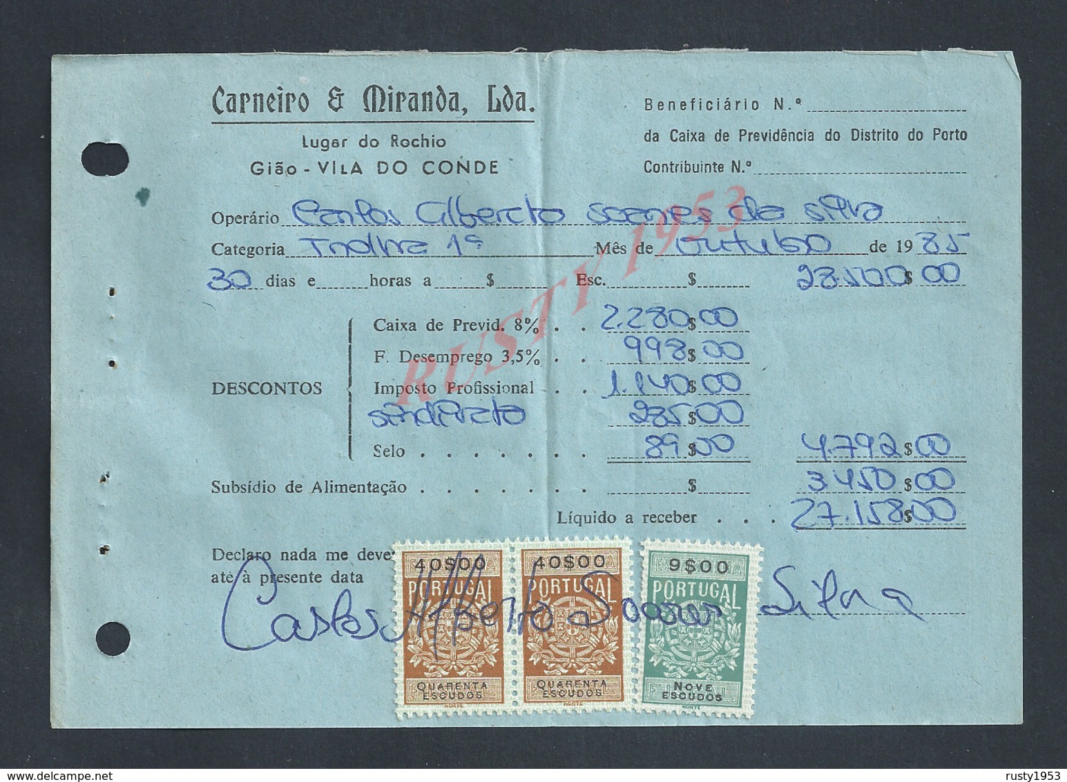 DOCUMENT COMMERCIAL 1985 DE CARNEIRO & MIRANDA GIAO VILA DO CONDE SUR TIMBRES FISCAUX DU PORTUGAL : - Covers & Documents