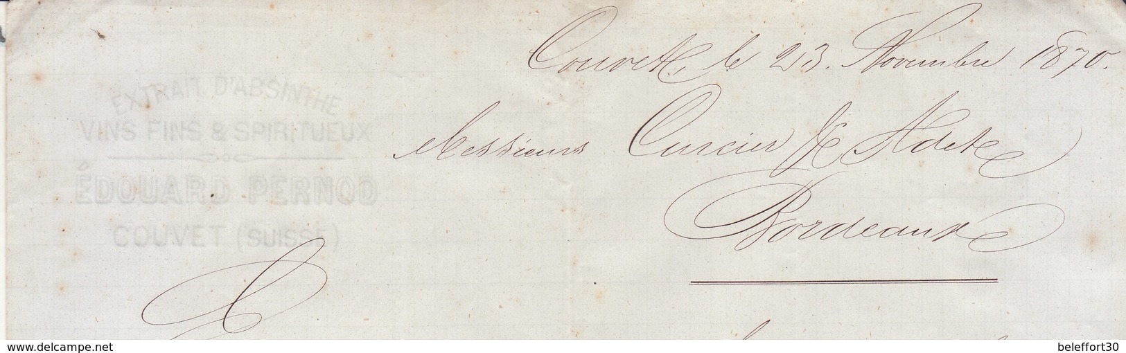 Couvet,Suisse, Extrait D'absinthe, Lettre Signée Edouard Pernod 1870 (2 Scans) - Suisse