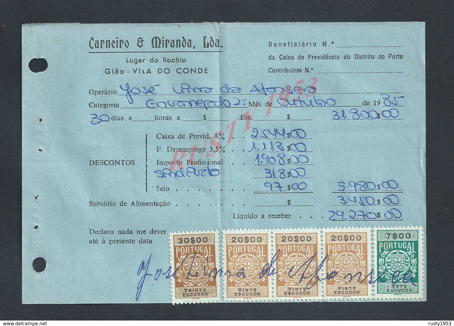 DOCUMENT COMMERCIAL 1985 DE CARNEIRO & MIRANDA GIAO VILA DO CONDE SUR TIMBRES FISCAUX DU PORTUGAL : - Lettres & Documents