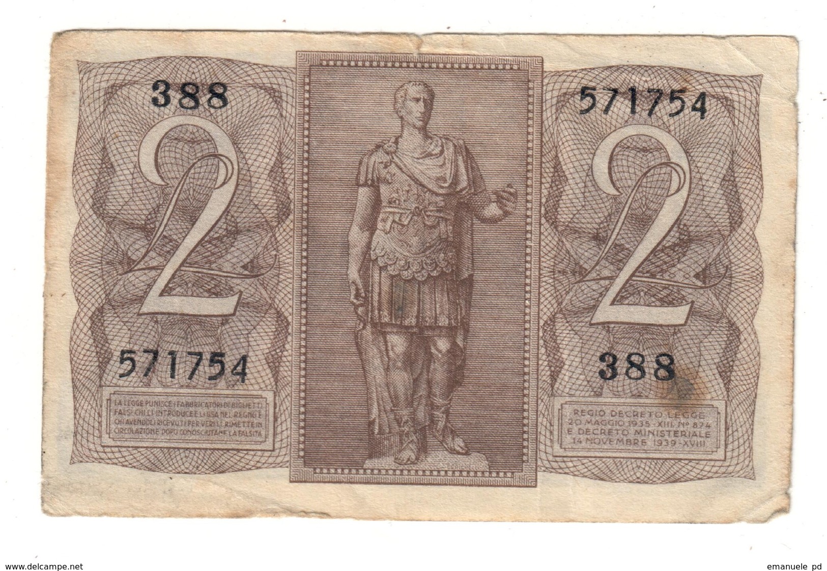 Italy 2 Lire 1939 .L. - Italia – 2 Lire