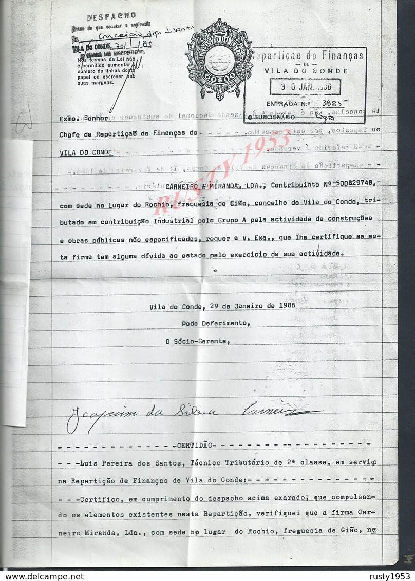 PORTUGAL DOCUMENT IMPOT DE TIMBRE A SEC DES FINANCE VILA DO CONDE 1986 : - Briefe U. Dokumente