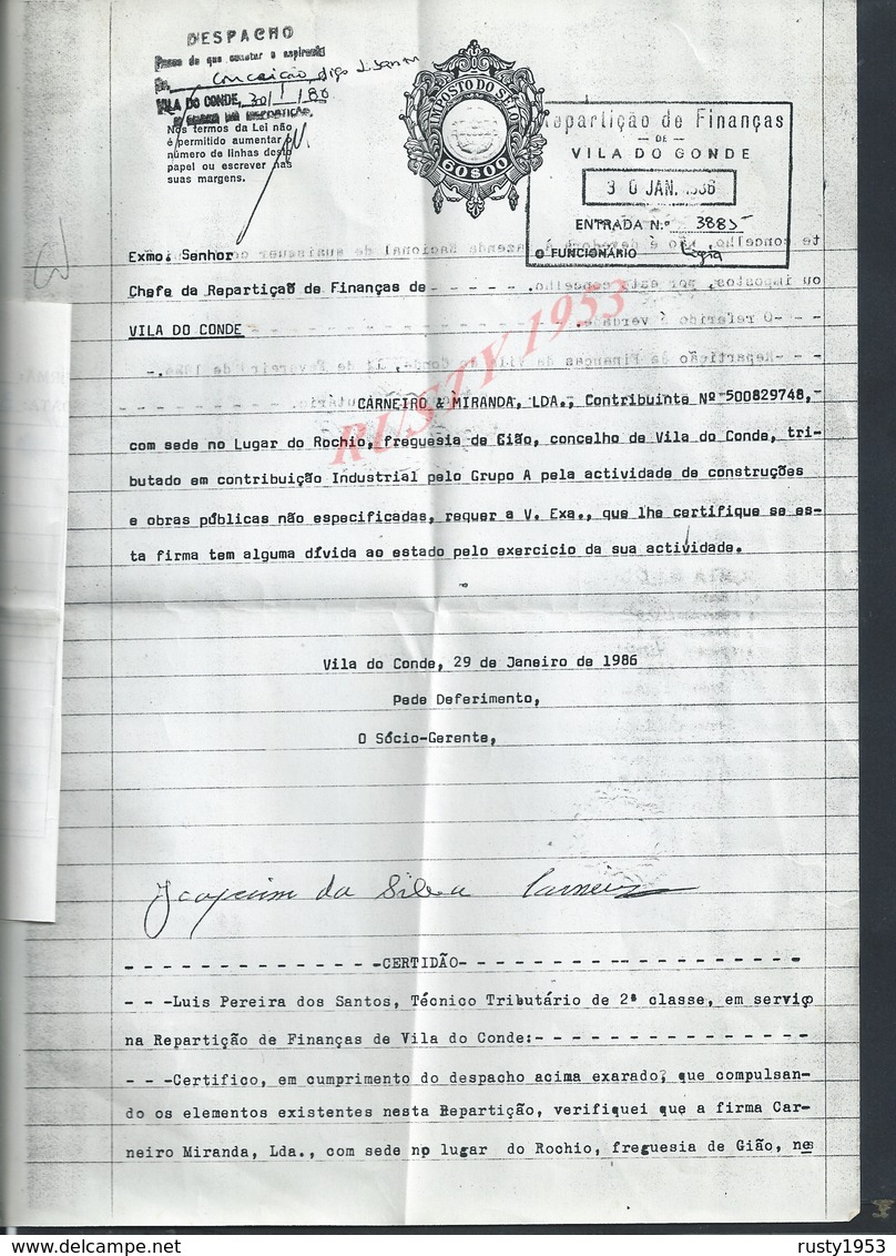 PORTUGAL DOCUMENT IMPOT DE TIMBRE A SEC DES FINANCE VILA DO CONDE 1986 : - Lettres & Documents