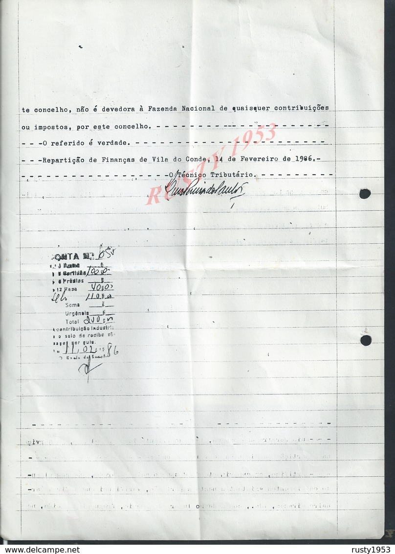 PORTUGAL DOCUMENT IMPOT DE TIMBRE A SEC DES FINANCE VILA DO CONDE 1986 : - Briefe U. Dokumente