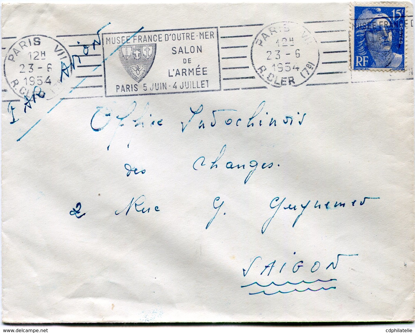 FRANCE LETTRE PAR AVION DEPART PARIS 23-6-1954 R. CLER POUR LE SUD VIETNAM - 1945-54 Marianne (Gandon)