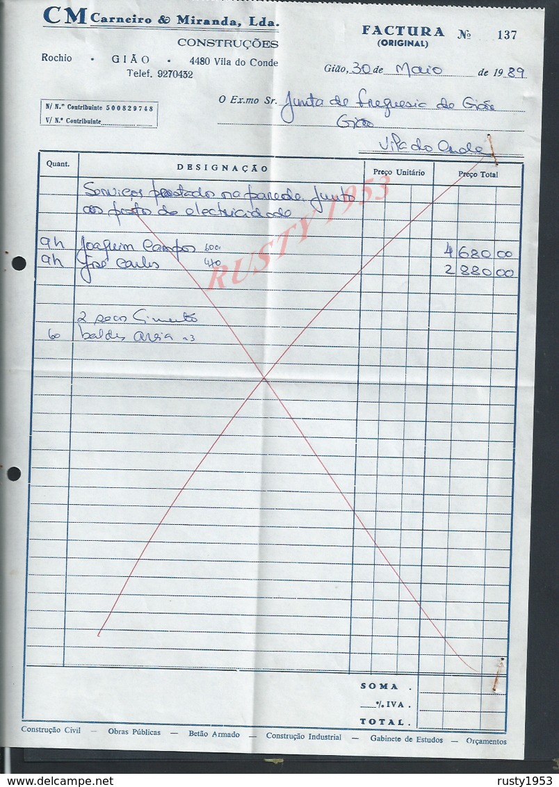 PORTUGAL FACTURE  DE 1989  CARNEIRO & MIRANDA CONSTRUCOES GIAO VILA DO CONDE : - Portugal