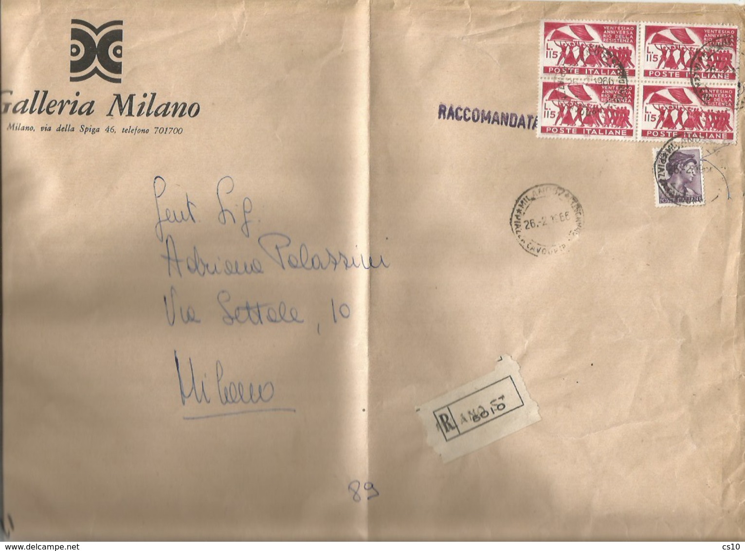 Raccomandata Milano X Città 26feb66 XX Resistenza L.115 Quartina + Michelangiolesca L.30 - 1961-70: Storia Postale