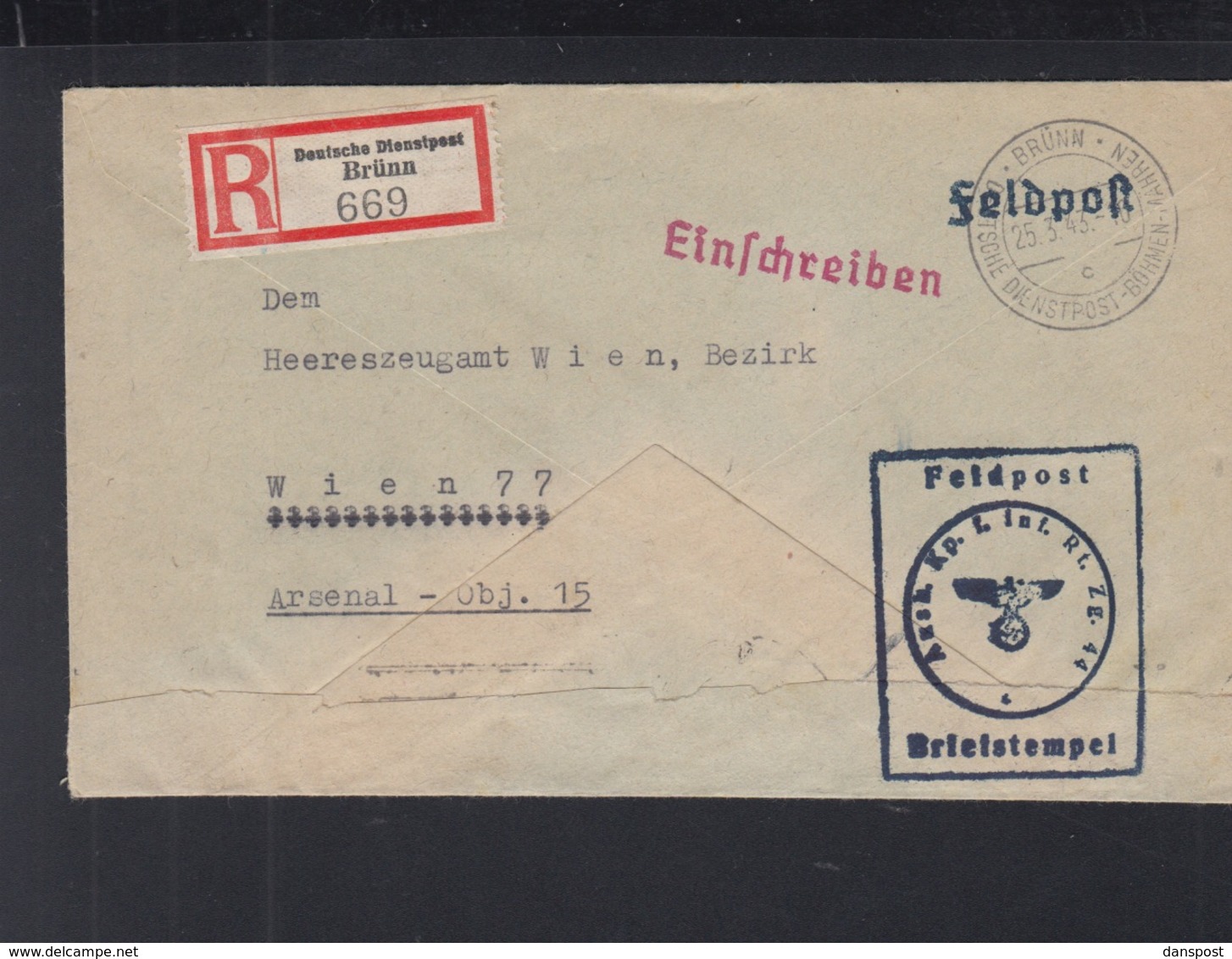 Dt. Reich Dienstpost Brünn R-Brief Doppelverwendung 1943 - Besetzungen 1938-45