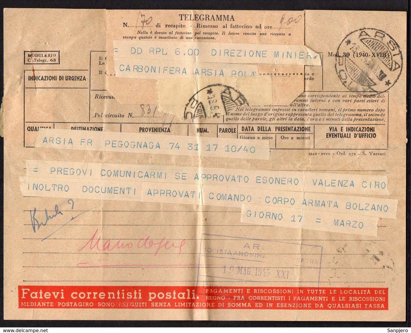 ITALY ITALIA 1943. ARSIA BOLZANO TELEGRAMMA (POSTAL TELEGRAM) - Posta Espresso