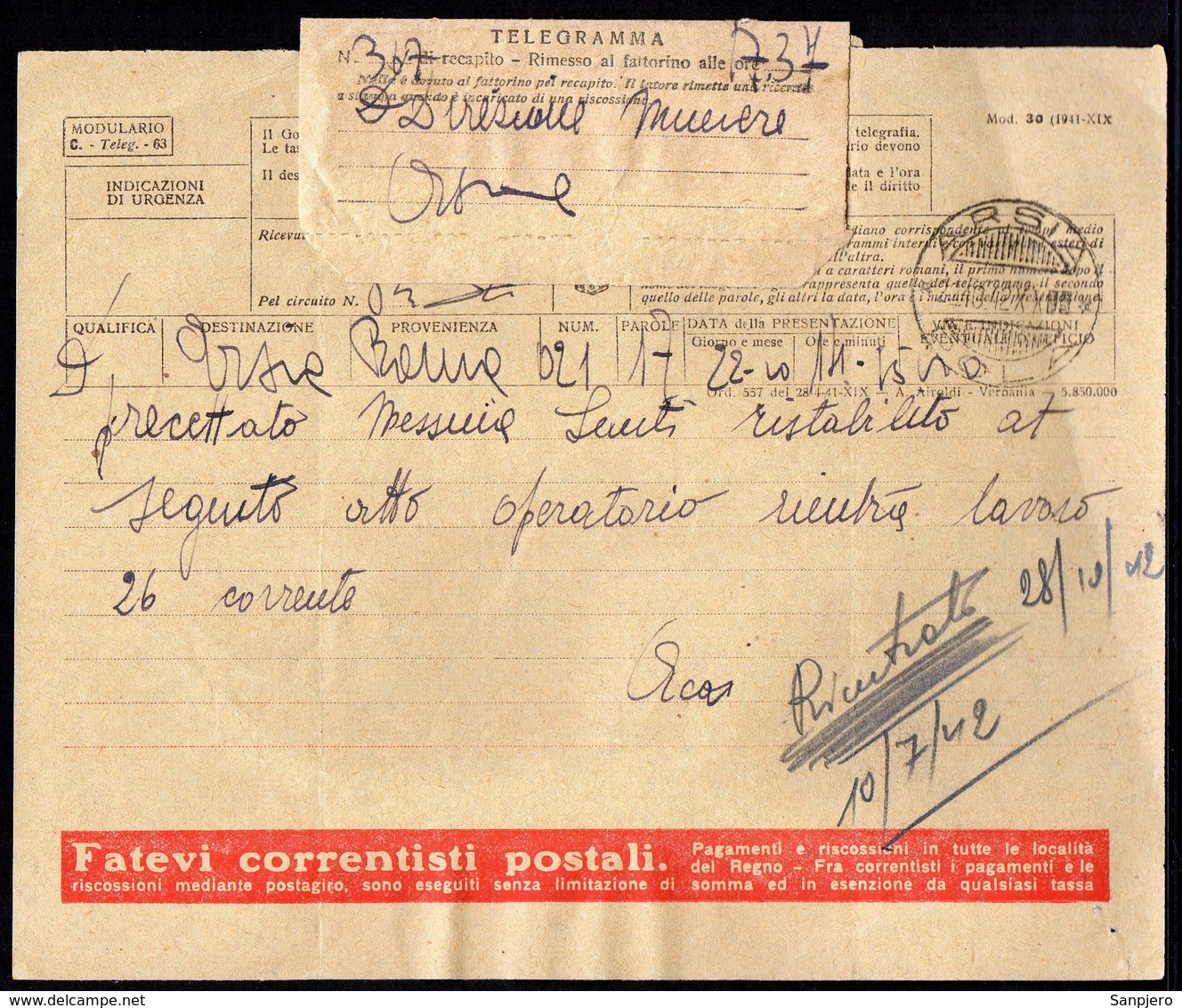 ITALY ITALIA 1942. ARSIA TELEGRAMMA (POSTAL TELEGRAM) - Posta Espresso