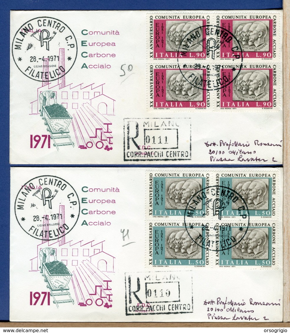 ITALIA - FDC  1971 - Raccomandate Con Timbro Arrivo - QUARTINA - CECA COMUNITA' EUROPEA CARBONE ACCIAIO - FDC