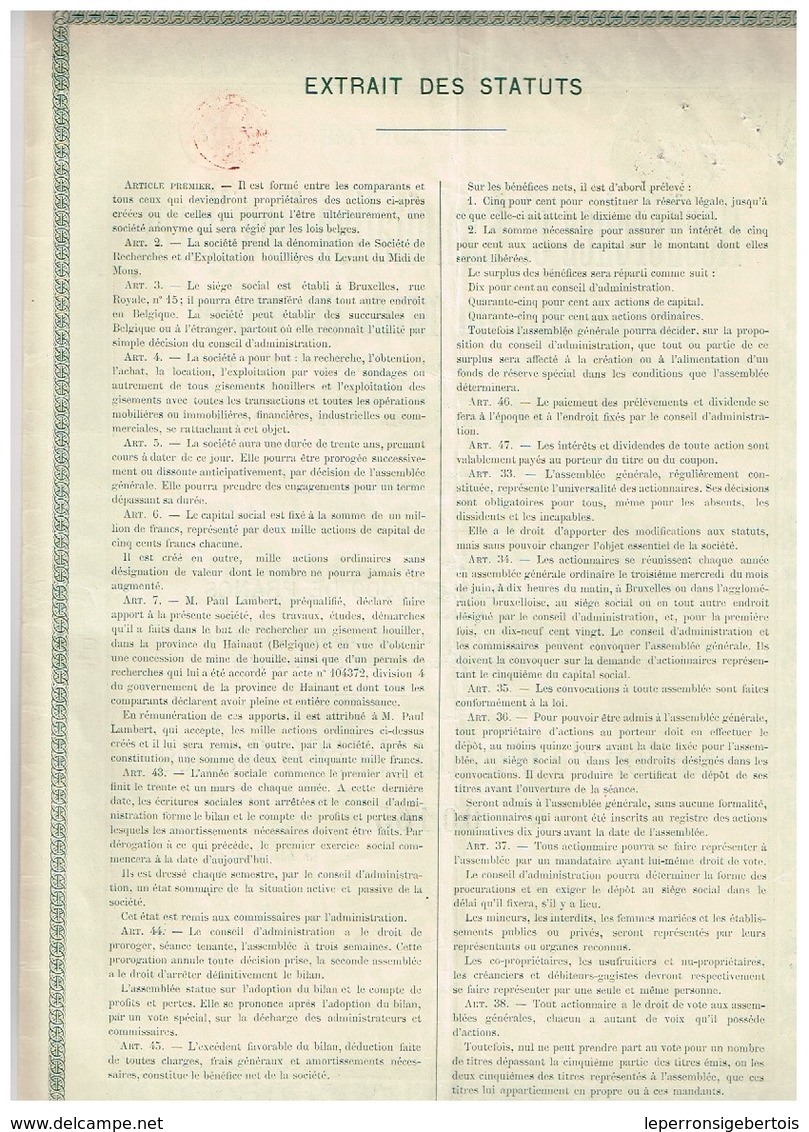 Action Ancienne - Recherches Et Exploitation Houillères Du Levant Du Midi De Mons - Titre De 1919 - N°00165 - Mines