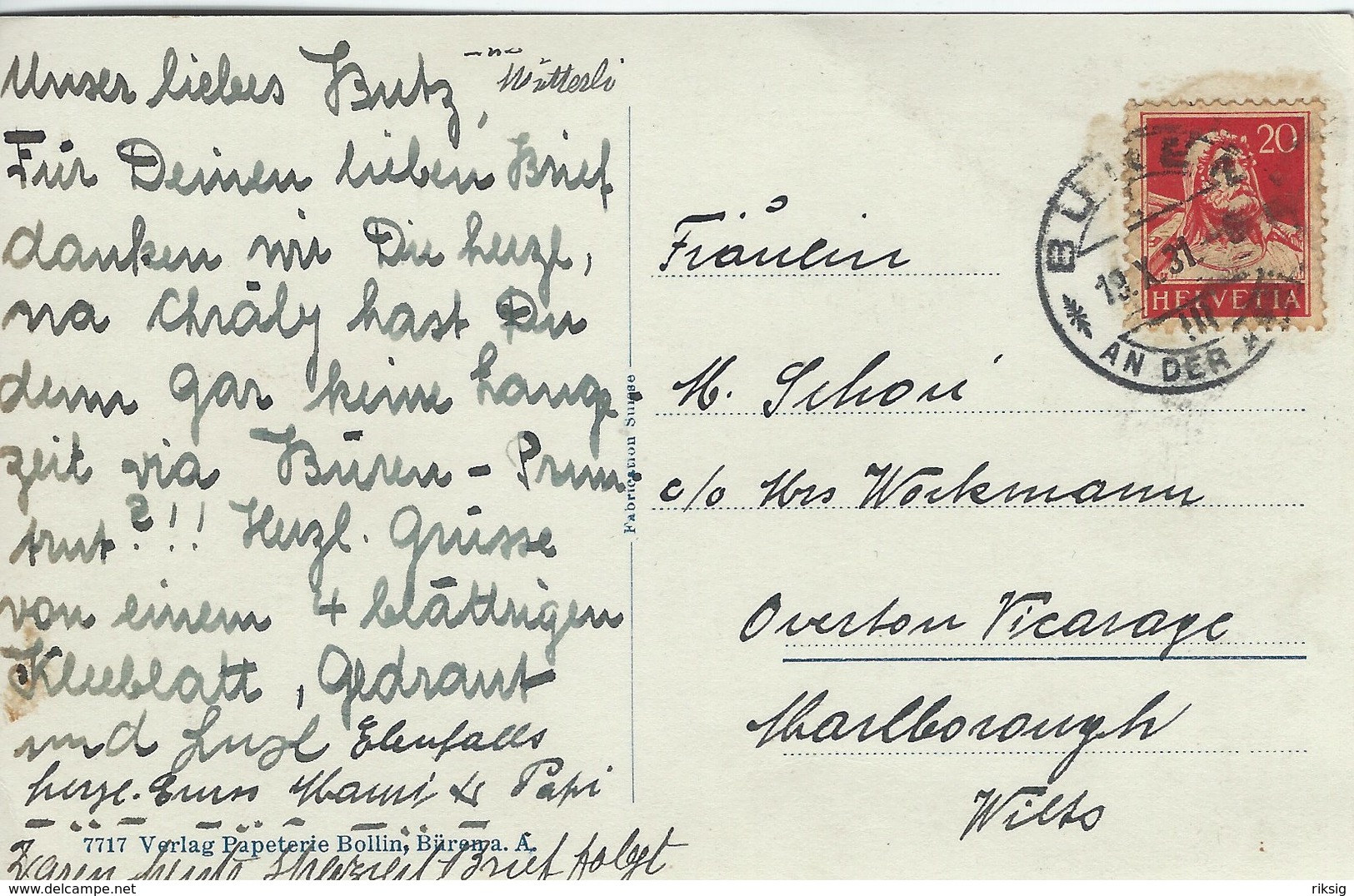 Büren  Switzerland.  Sent To England 1931.  S-4375 - Büren An Der Aare