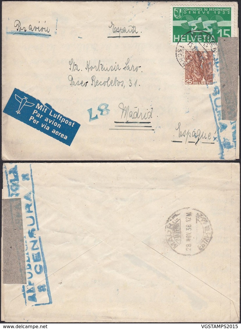 Suisse 1938 - Lettre Vers L'Espagne Censuré Guerre Civile (5G29274) DC0118 - Briefe U. Dokumente