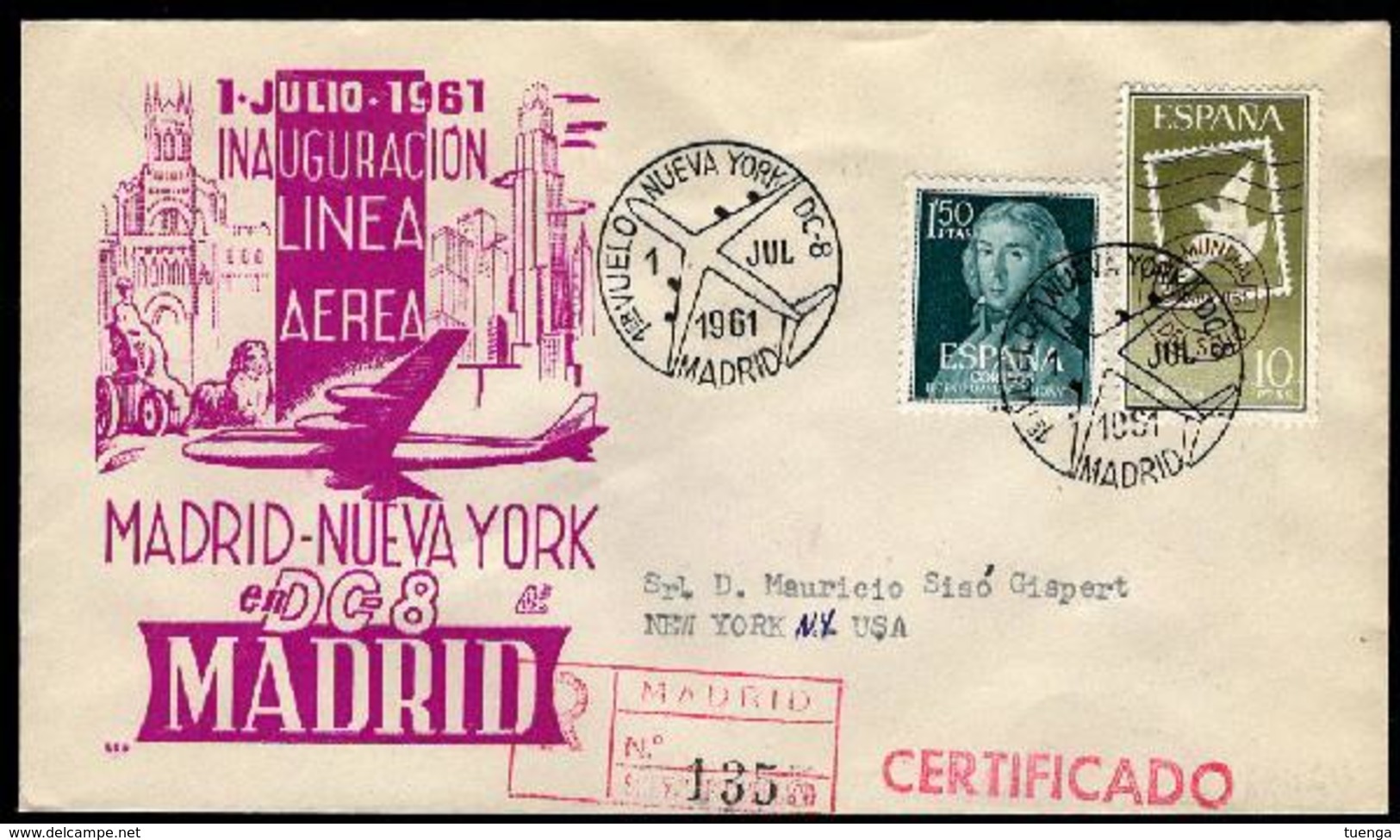 SOBRE Matasello Especial - 1961 - 1er. Vuelo Nueva York - Madrid En DC-8. MADRID - FDC