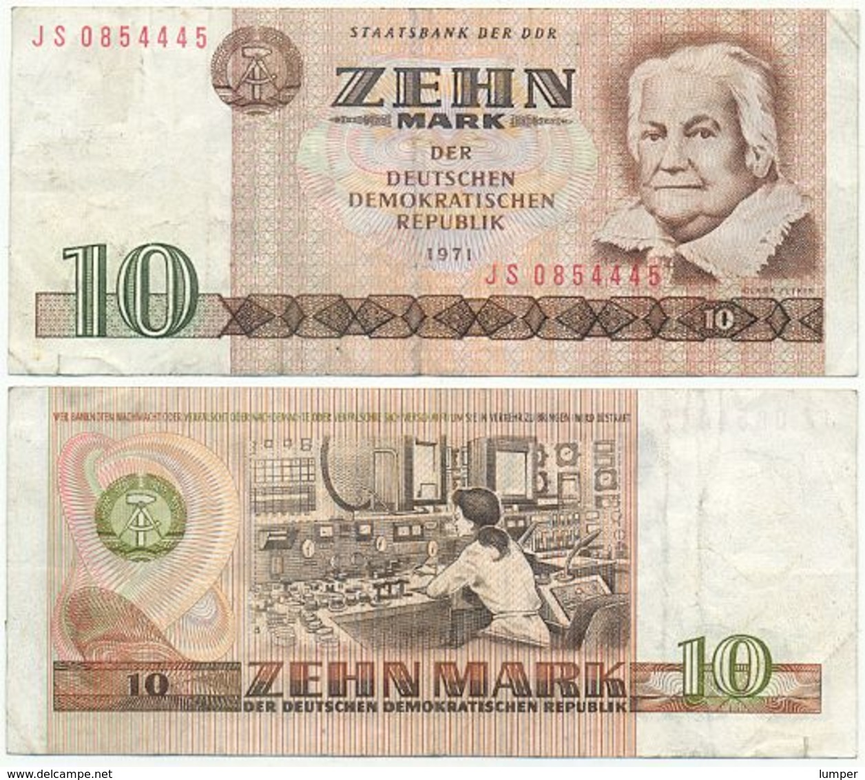 DDR 1971, 10 Mark, Staatsbank Der DDR, C. Zetkin, KN 7stellig, Geldschein, Banknote - 10 Mark