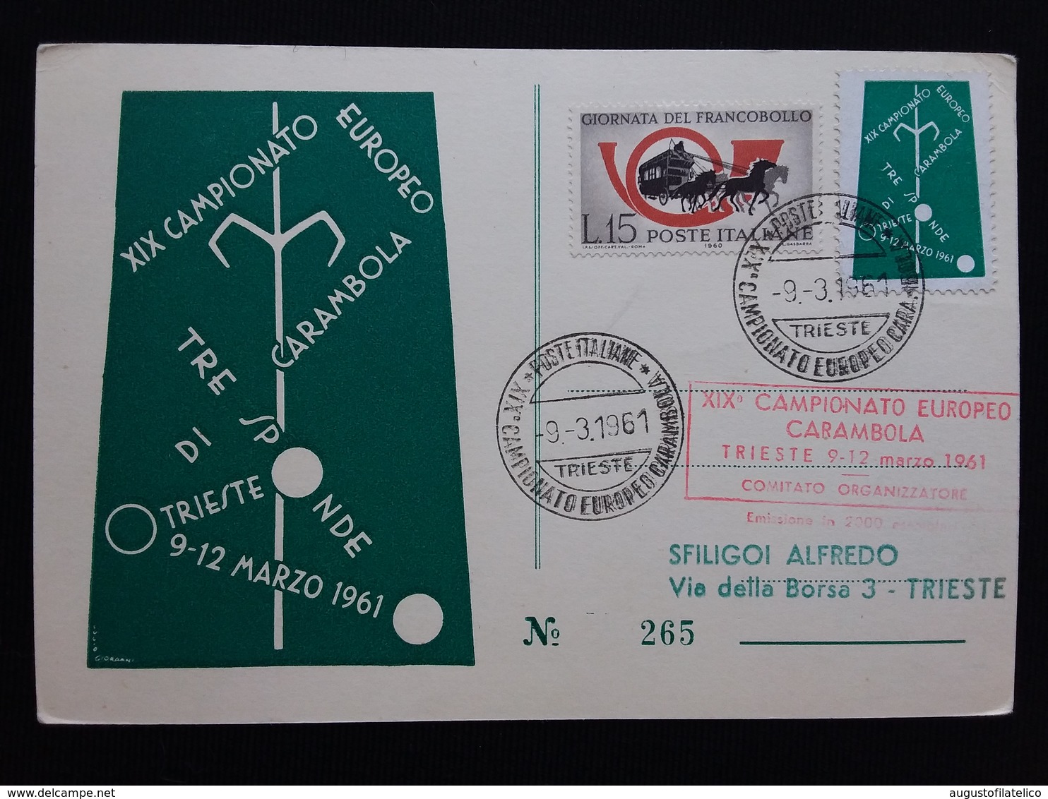 REPUBBLICA - Campionato Europeo Carambola TRIESTE 1961 Con Erinnofilo + Spese Postali - FDC