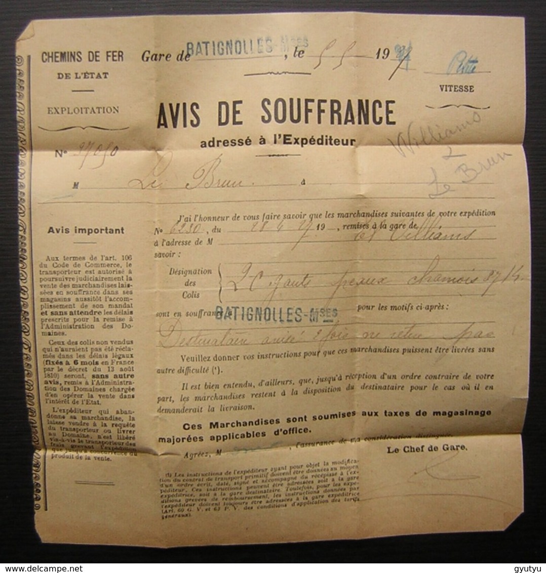 Gare De Batignolles 1927 Avis De Souffrance, Voir Photos ! - Poste Ferroviaire