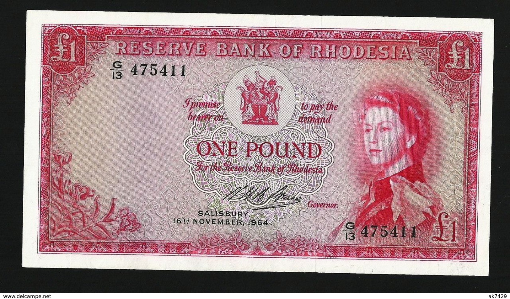 RHODESIA 1 POUND 1964 PICK# 25a XF+ AU - Rhodesia