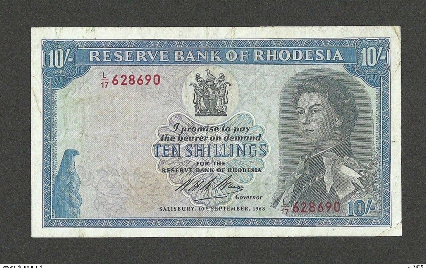 RHODESIA 10 SHILLINGS 1968 SIGN.1, PICK#27b VF/VF+ - Rhodesia