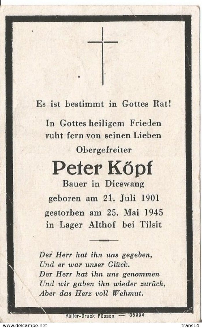 Sterbebild ,carte De Décès Obergefreiter ,camp De Prisonniers , 1945 TILSIT .  DEATH CARD . - 1939-45