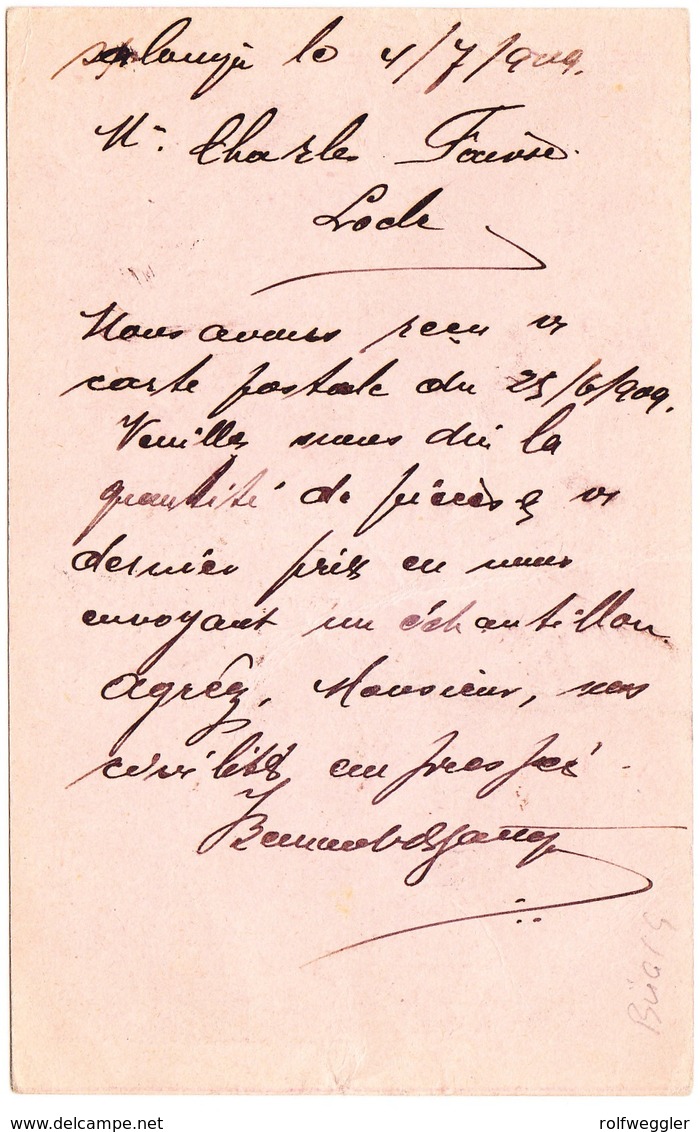 1909 Ganzsachenkarte Von Saloniki Nach Le Locle; Etwas Bügig - 1837-1914 Smyrne