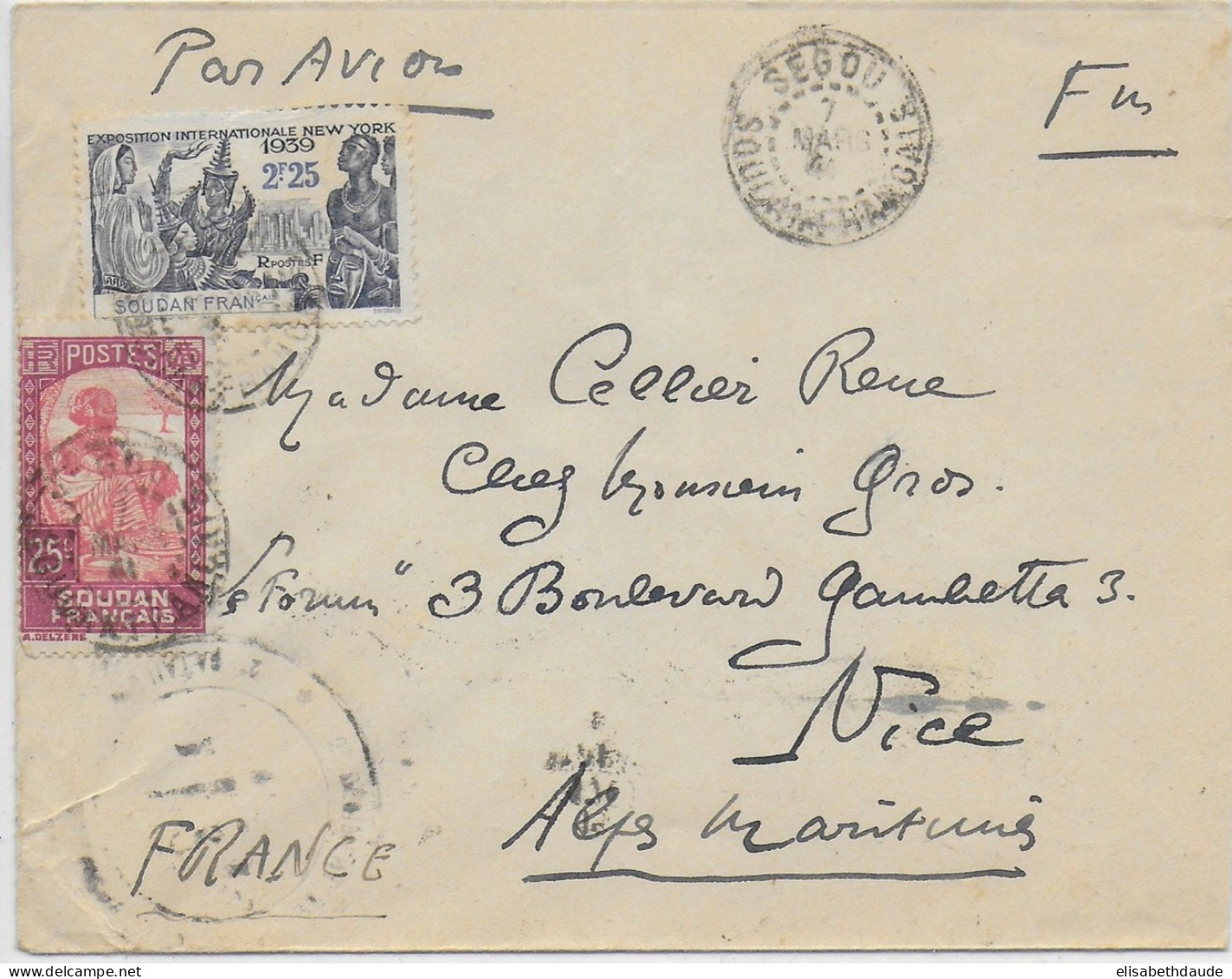 1940 - SOUDAN - ENVELOPPE FM De SEGOU  => NICE - Lettres & Documents