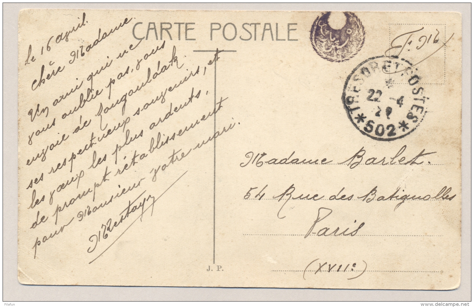 Turkiye / Turkije - 20 Pa Stamp On Postcard From Tresor Et Postes 502 To Paris / France - Brieven En Documenten