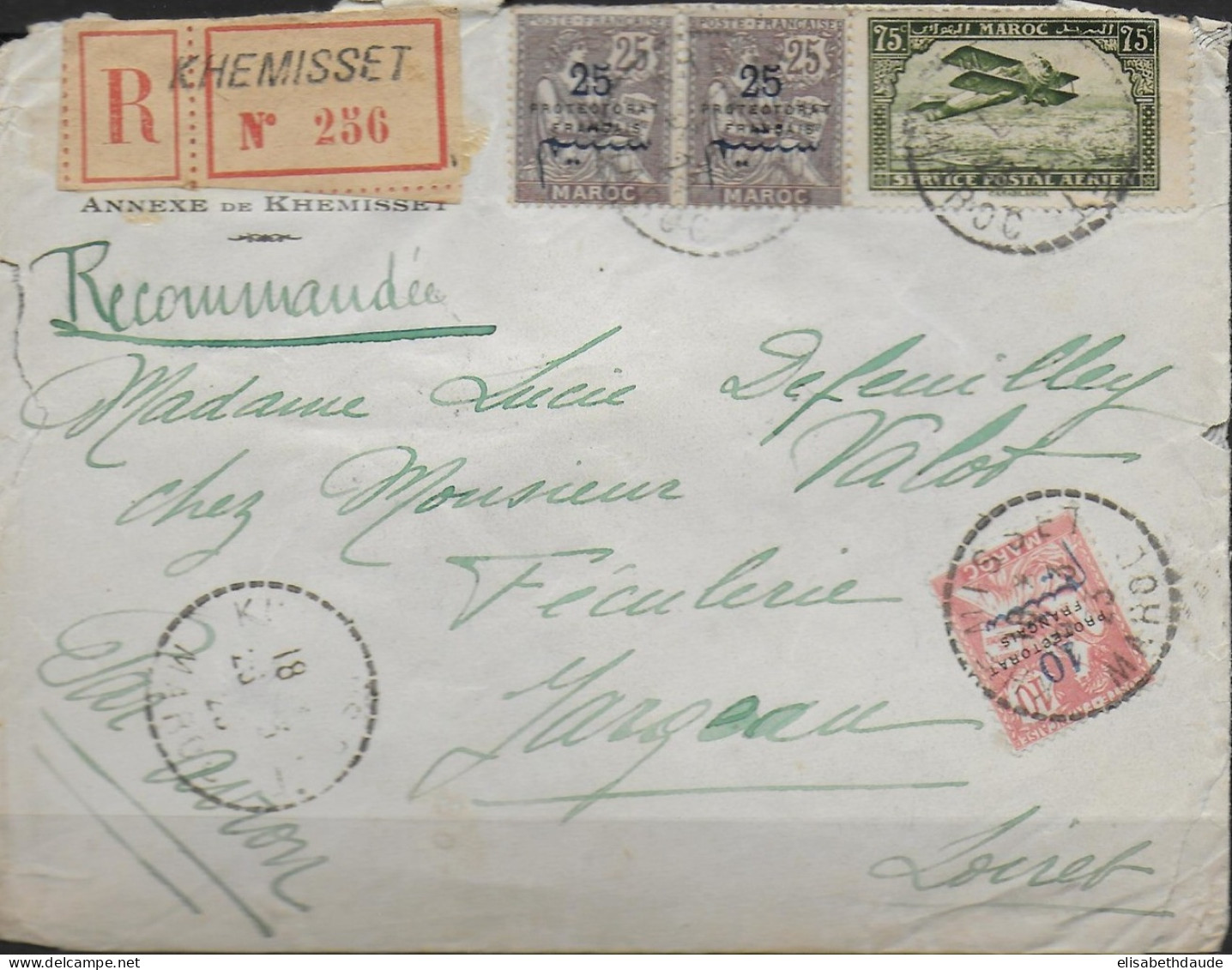 1923 - MAROC - MOUCHON Sur ENVELOPPE RECOMMANDEE AVION De KHEMISSET  => PARIS - Covers & Documents