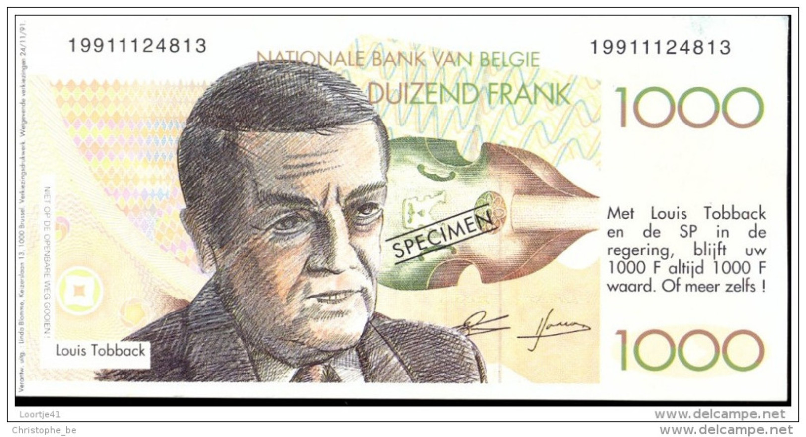 Bankbiljet 1000Fr Verkiezingspropaganda 1991, Tobback, Verhofstadt, Van Rompuy (MT6) - [ 8] Vals En Specimen