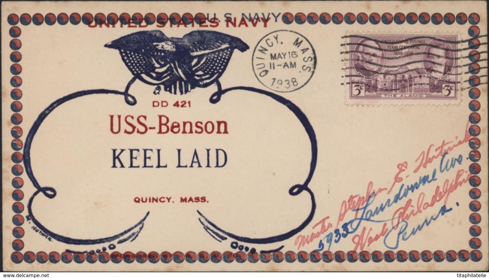 Enveloppe United States Navy DD 421 USS Benson Keel Laid CAD Quincy Mass May 16 1938 YT 342 - Lettres & Documents