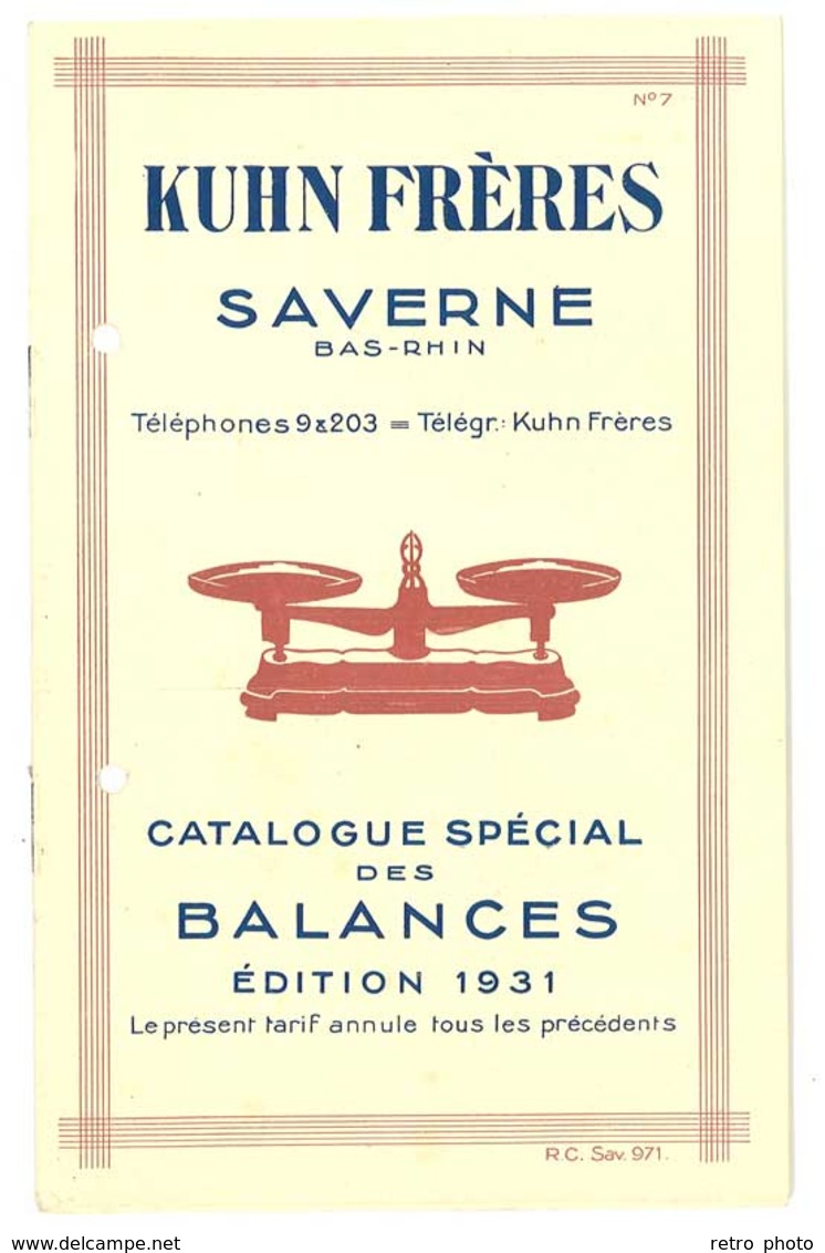 Catalogue Spécial Des Balances Kuhn Frères, Saverne, Bas-Rhin, 1931 ( Roberval, Béranger, ... ) - Advertising