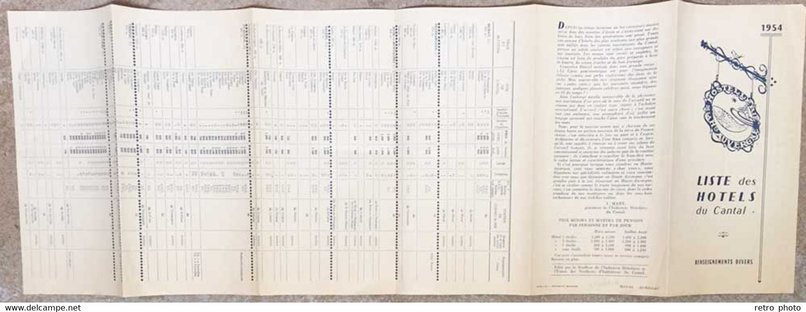 Dépliant 4 Volets : Liste Des Hôtels Du Cantal , 1954 - Non Classés