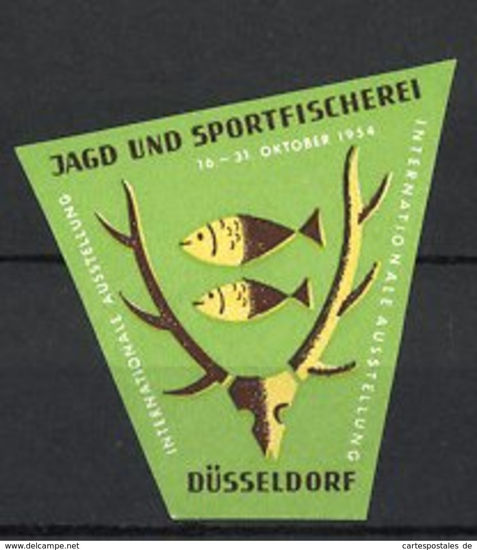 Reklamemarke Düsseldorf, Int. Ausstellung Für Jagd - Und Sportfischerei 1954, Hirschgeweih & Fische, Grün - Erinnofilia