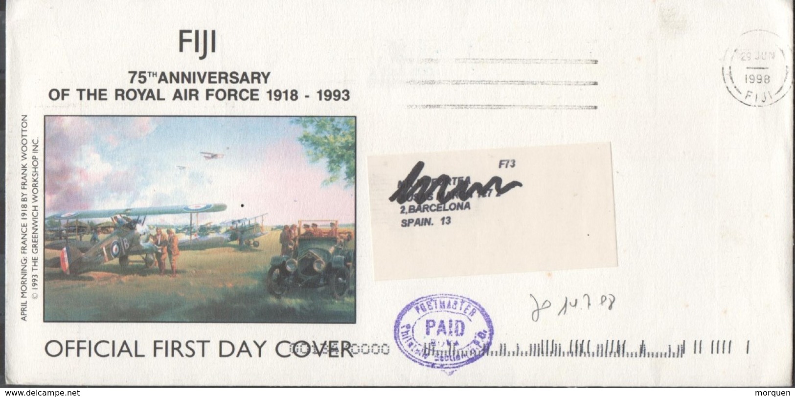 30128. Carta Aerea FIJI 1998. PAID Postmaster, Anniversary Air Force - Fiji (1970-...)