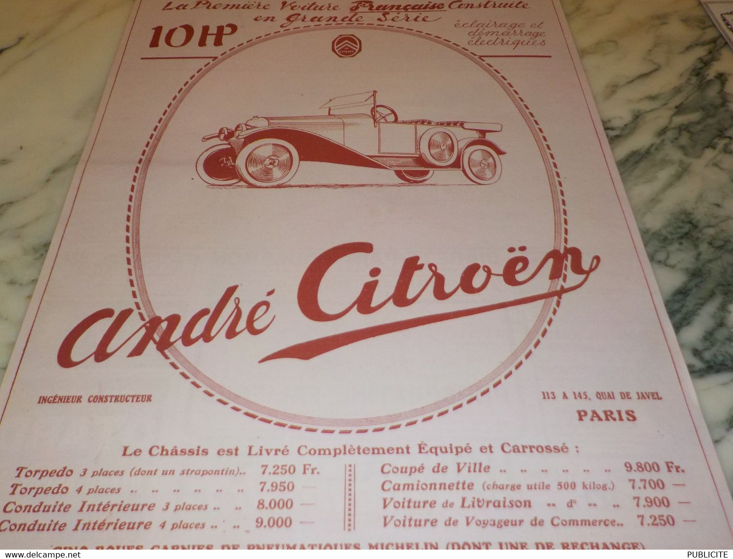 ANCIENNE PUBLICITE VOITURE 10 HP DE ANDRE CITROEN 1919 - Cars